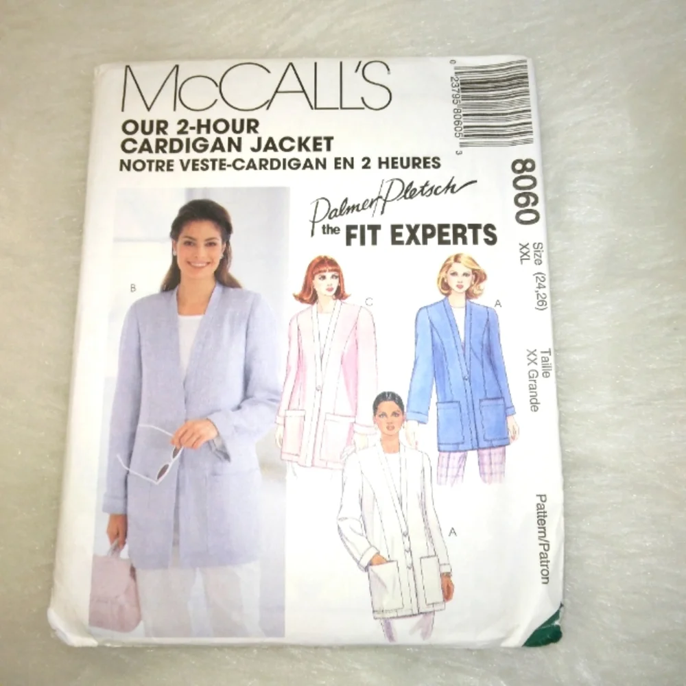 MCCALL'S 8060 Sz 24-26 Two hour Cardigan Jacket using Palmer/Pletsch fit experts